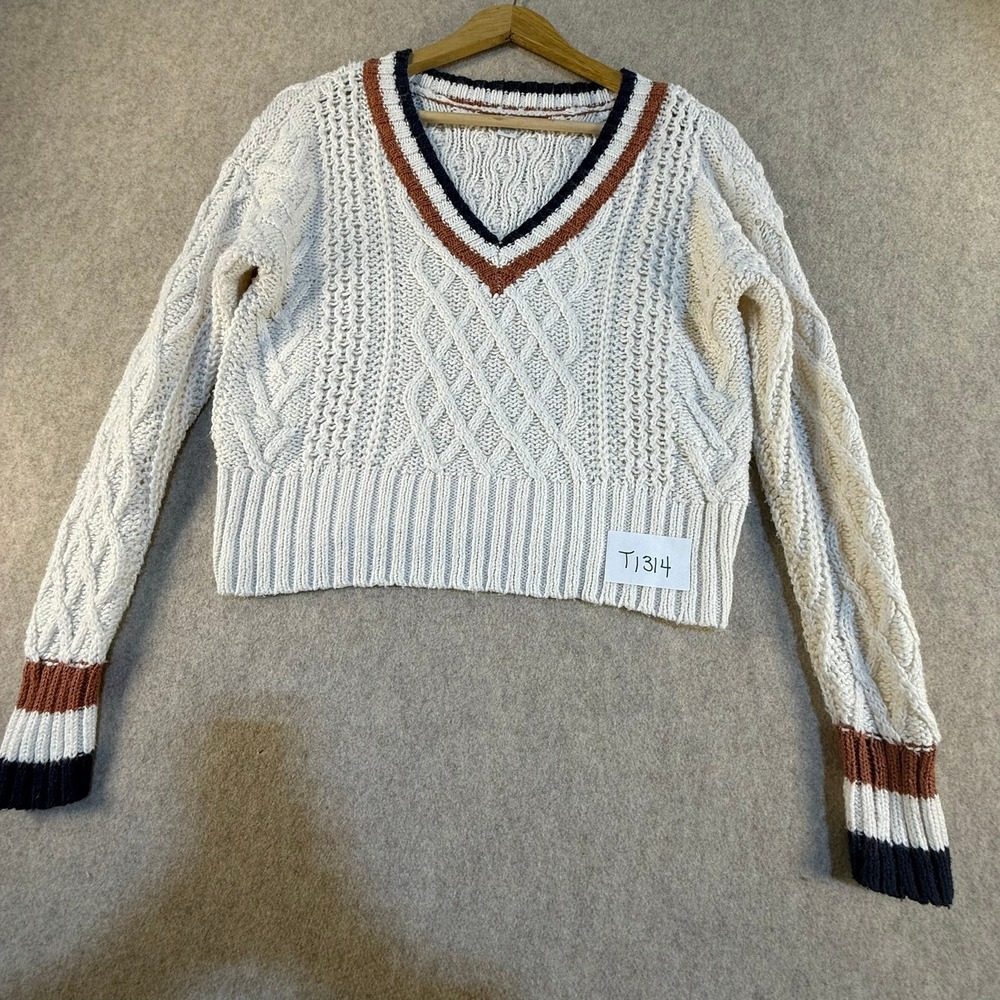 American Eagle Varsity Cable Knit Sweater Cream V-Neck Striped XS T1314